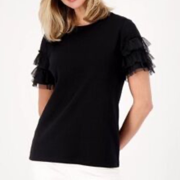 Jason Wu Black mesh, ruffle sleeves T-shirt - Picture 1 of 10